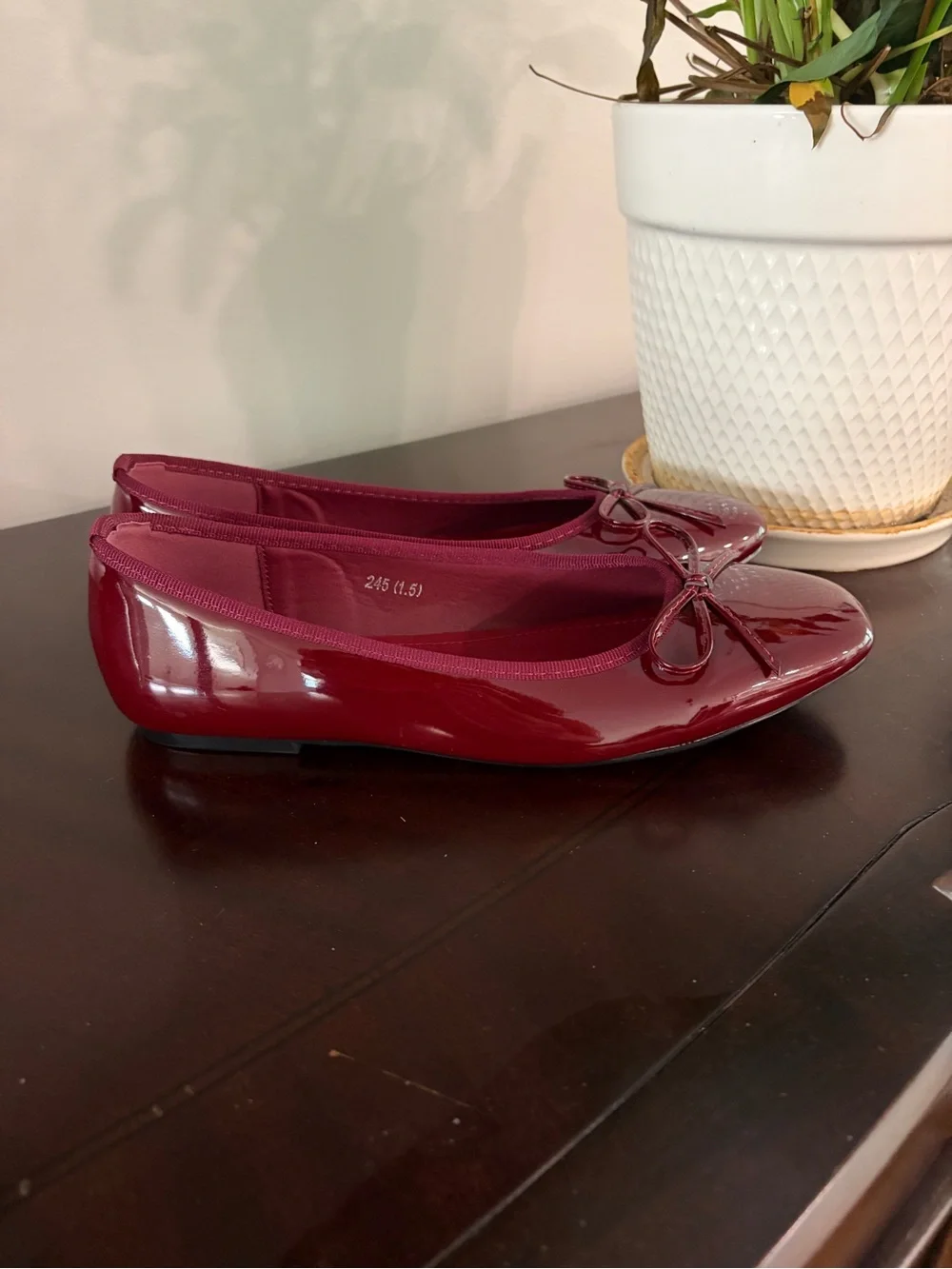 Cider Burgundy Patent Leatherette Ballet Flats with Bow Accent and Square Toe